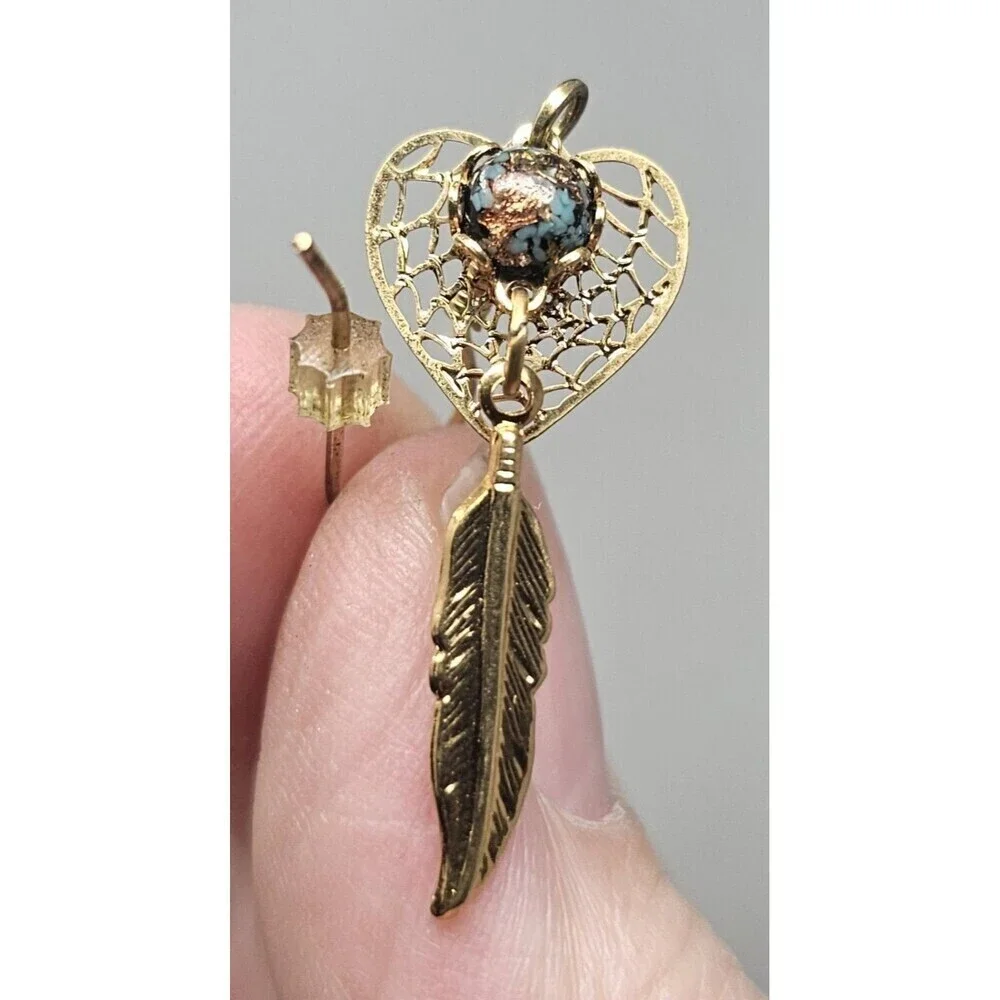 Vtg Dreamcatcher Heart 14k Gold Plated W Turquoise Rainbow Flake Dangle Earrings
